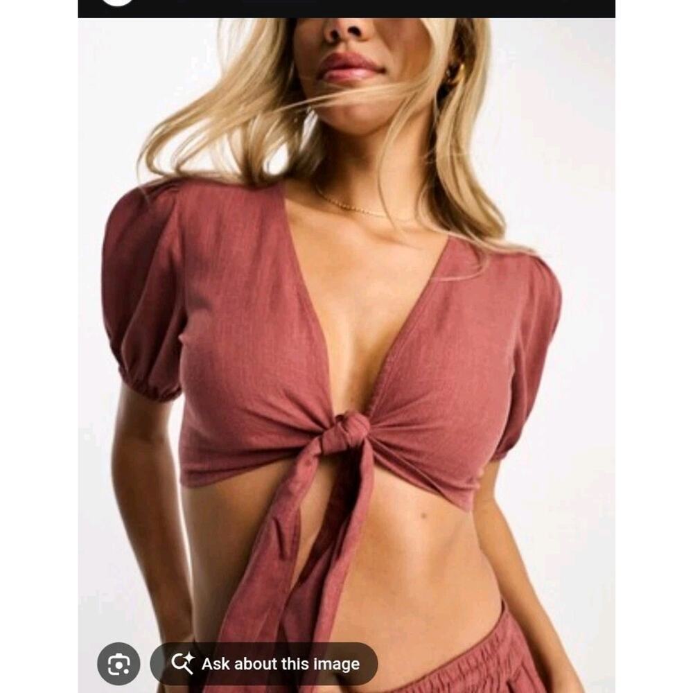 Asos‎ Design Co-ord Tie Front Linen Blend Terracotta Crop Top 2 Beach(899)